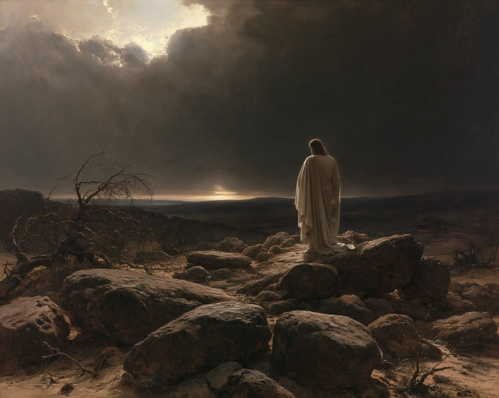 Jesus in the desert during the temptation in Symbolist style, landscape Christian artwork no. 8