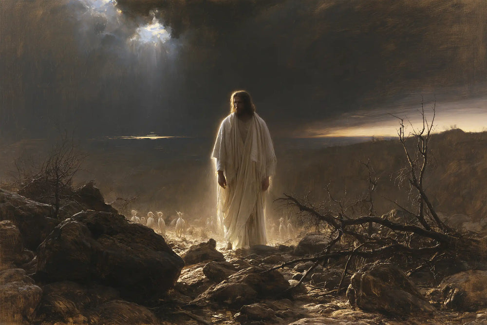 Jesus in the desert during the temptation in Symbolist style, landscape Christian artwork no. 13