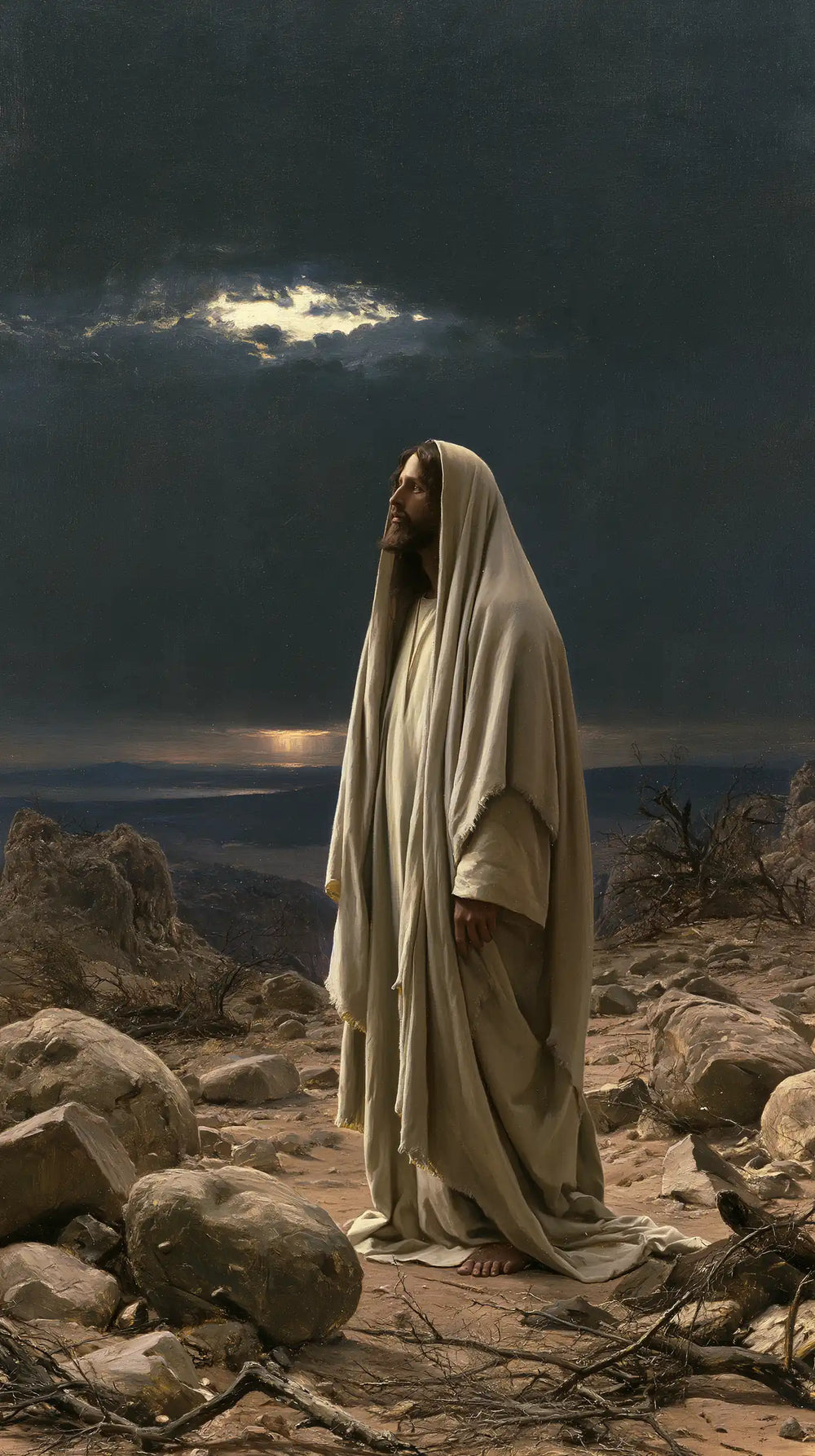 Jesus in the desert during the temptation in Symbolist style, portrait Christian artwork no. 11