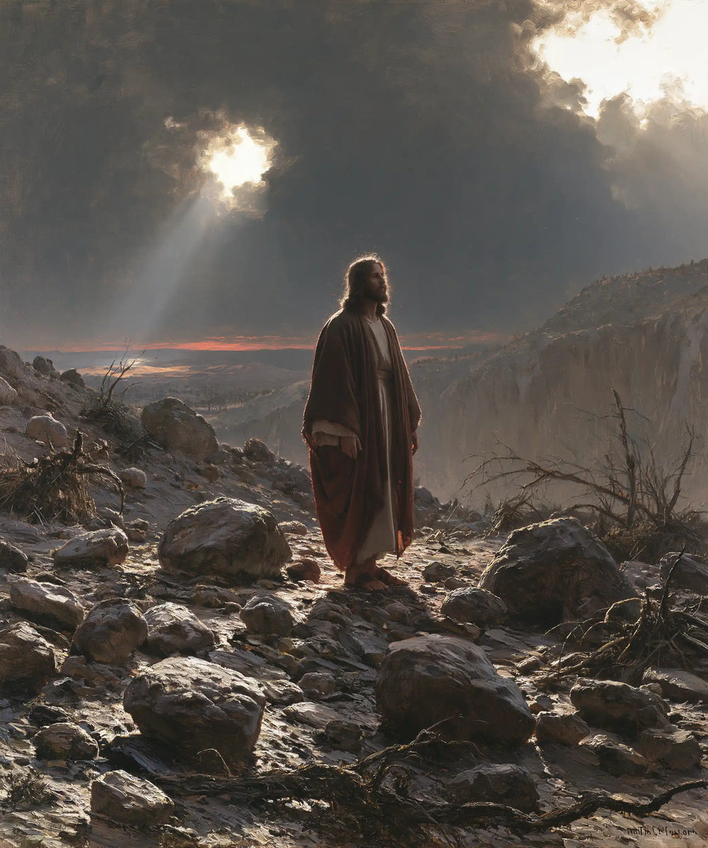 Jesus in the desert during the temptation in Symbolist style, portrait Christian artwork no. 34