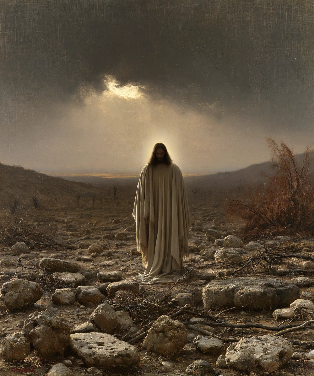 Jesus in the desert during the temptation in Symbolist style, portrait Christian artwork no. 36