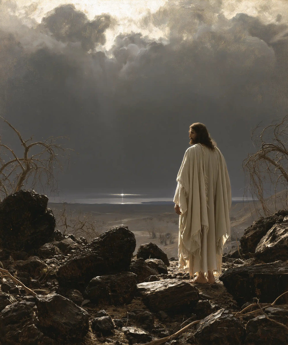 Jesus in the desert during the temptation in Symbolist style, portrait Christian artwork no. 39