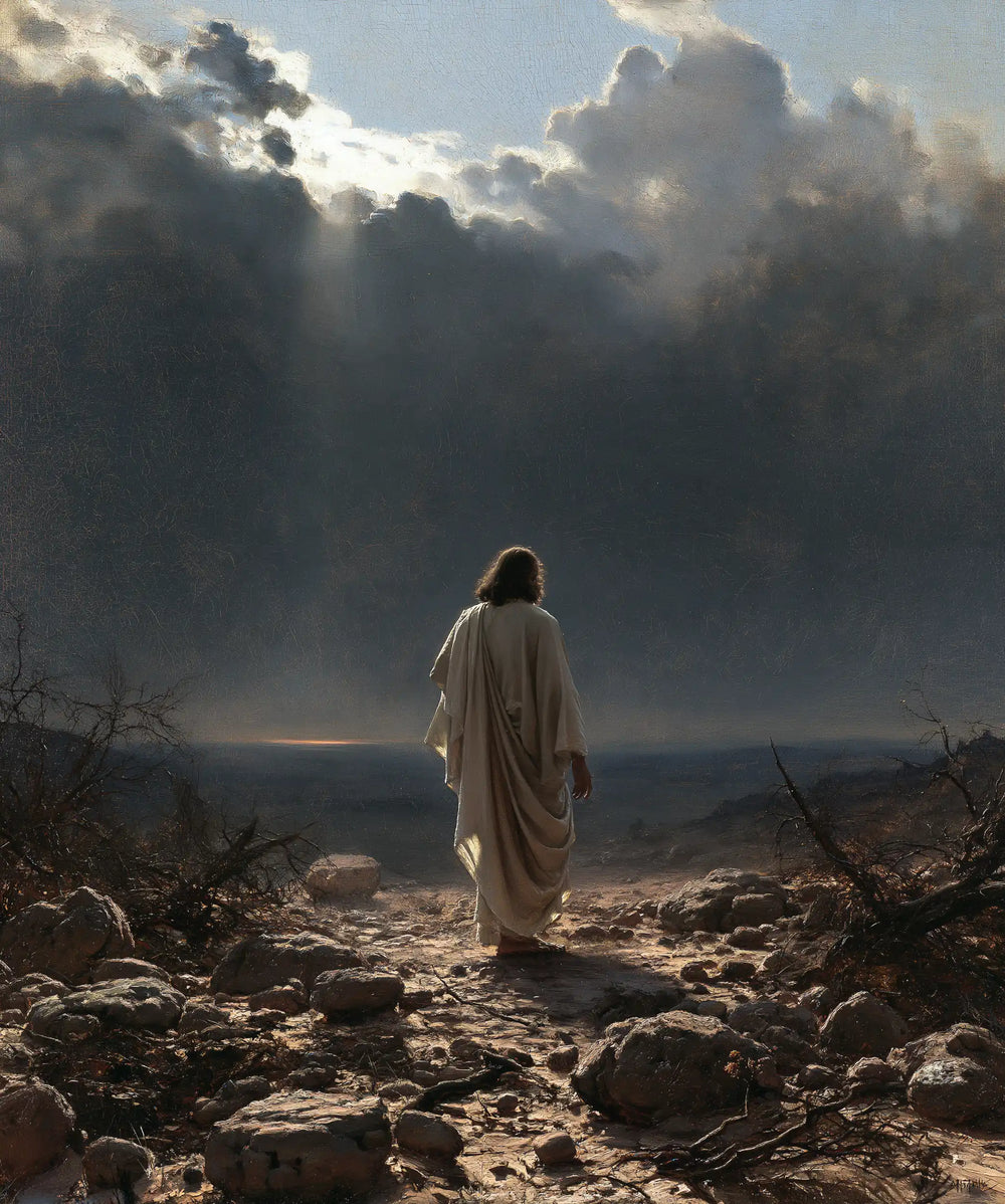 Jesus in the desert during the temptation in Symbolist style, portrait Christian artwork no. 40