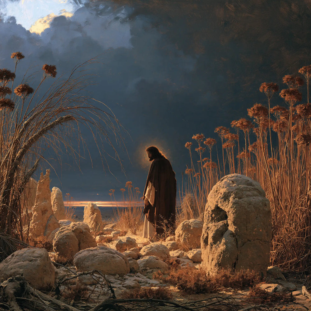 Jesus in the desert during the temptation in Symbolist style, square Christian artwork no. 1