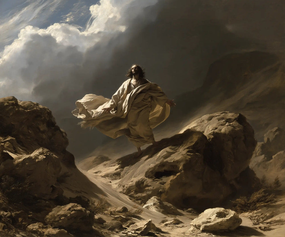 Jesus in the desert during the temptation in Theatrical Baroque style, landscape Christian artwork no. 2