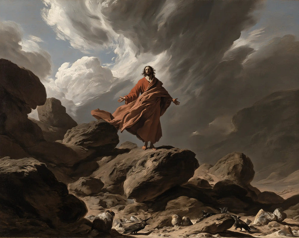 Jesus in the desert during the temptation in Theatrical Baroque style, landscape Christian artwork no. 6
