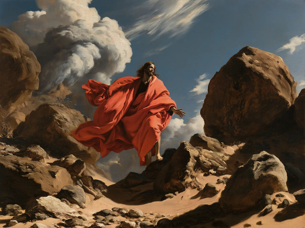 Jesus in the desert during the temptation in Theatrical Baroque style, landscape Christian artwork no. 9