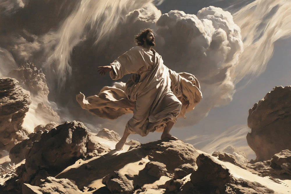 Jesus in the desert during the temptation in Theatrical Baroque style, landscape Christian artwork no. 13