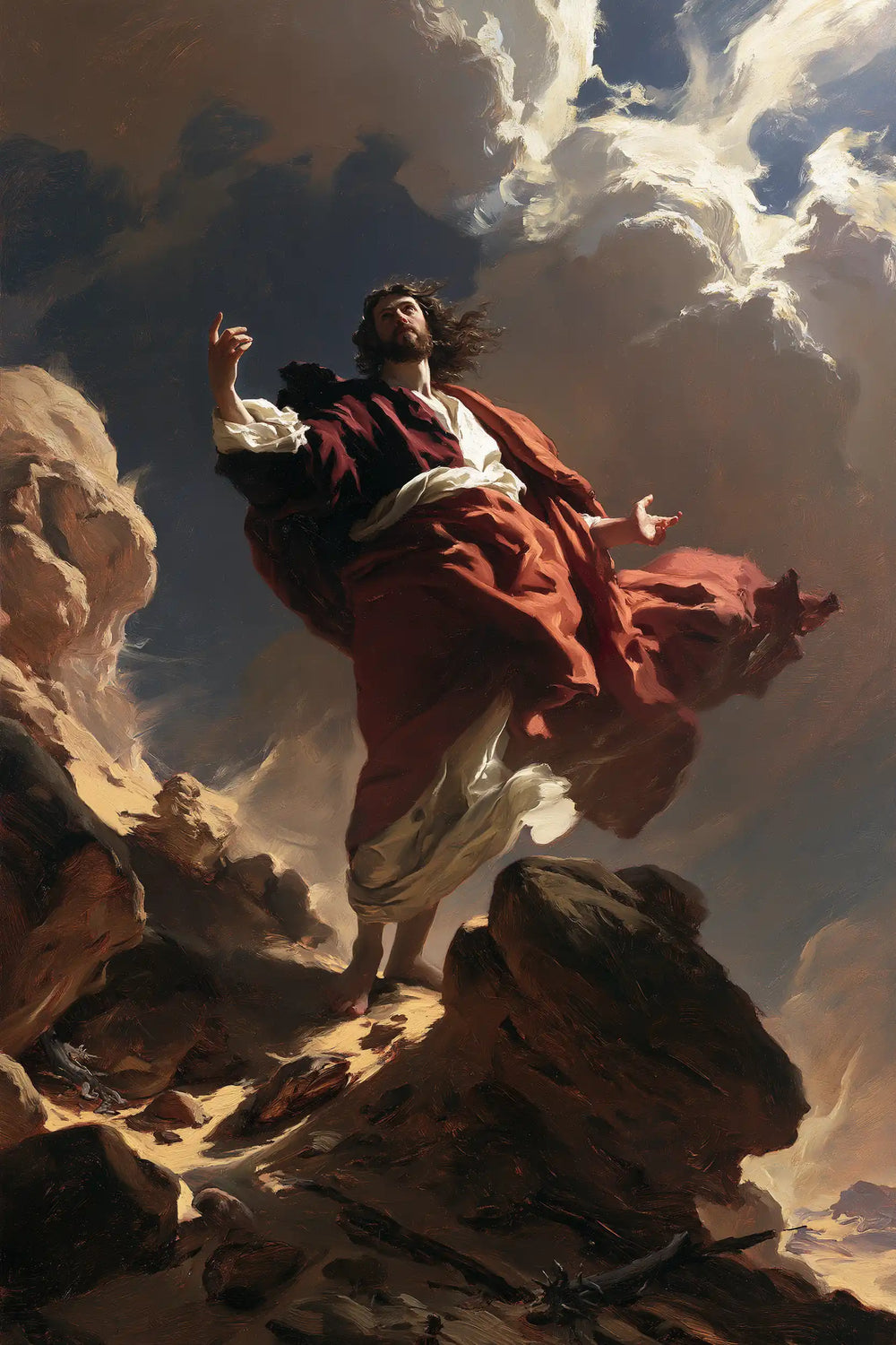 Jesus in the desert during the temptation in Theatrical Baroque style, portrait Christian artwork no. 30