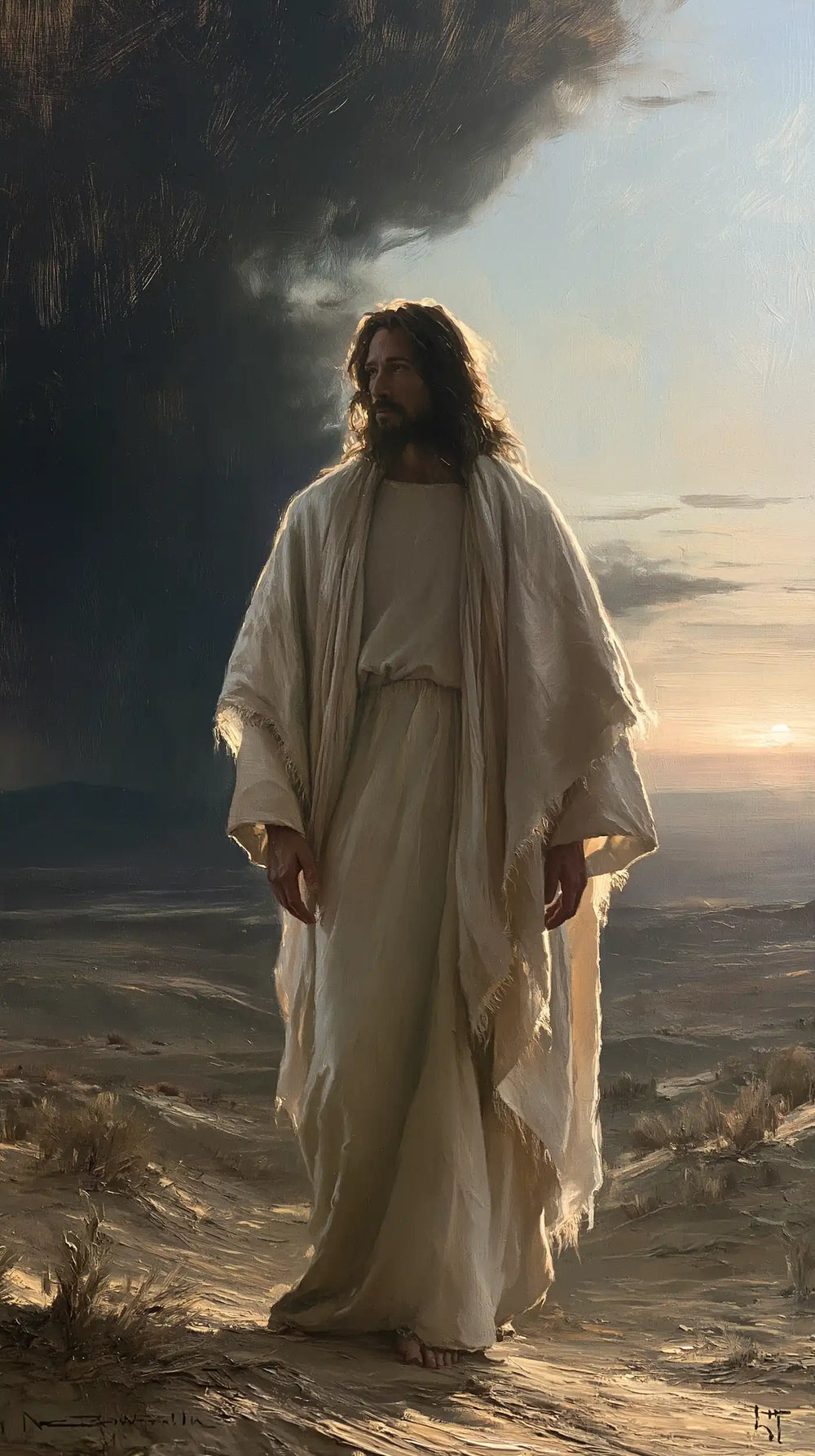 Jesus after his victory over temptation in the desert in Victory Over Temptation style, portrait Christian artwork no. 2