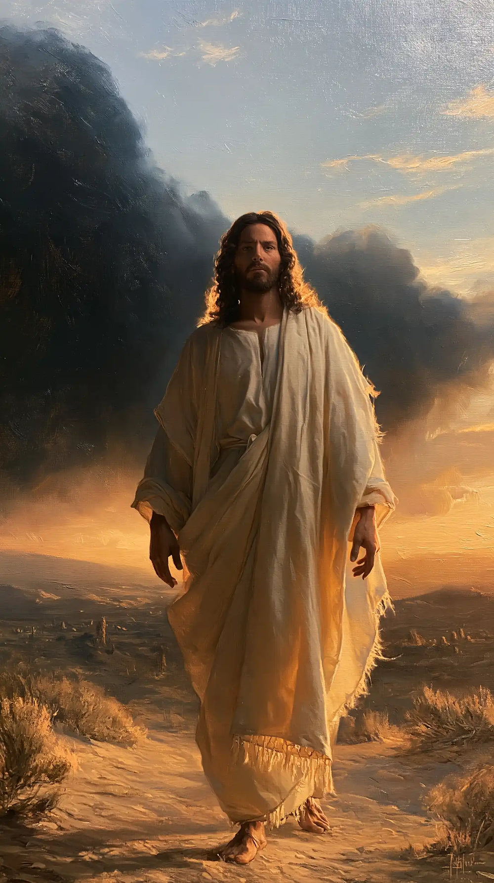 Jesus after his victory over temptation in the desert in Victory Over Temptation style, portrait Christian artwork no. 17