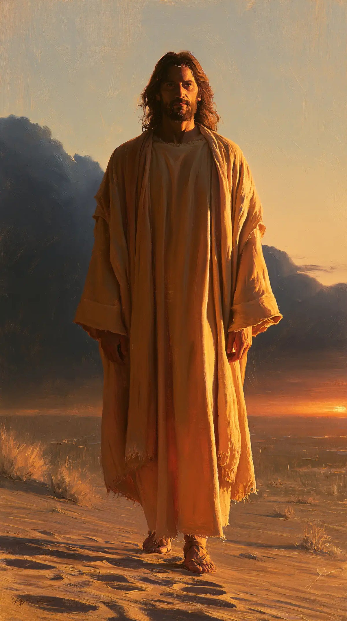 Jesus after his victory over temptation in the desert in Victory Over Temptation style, portrait Christian artwork no. 26