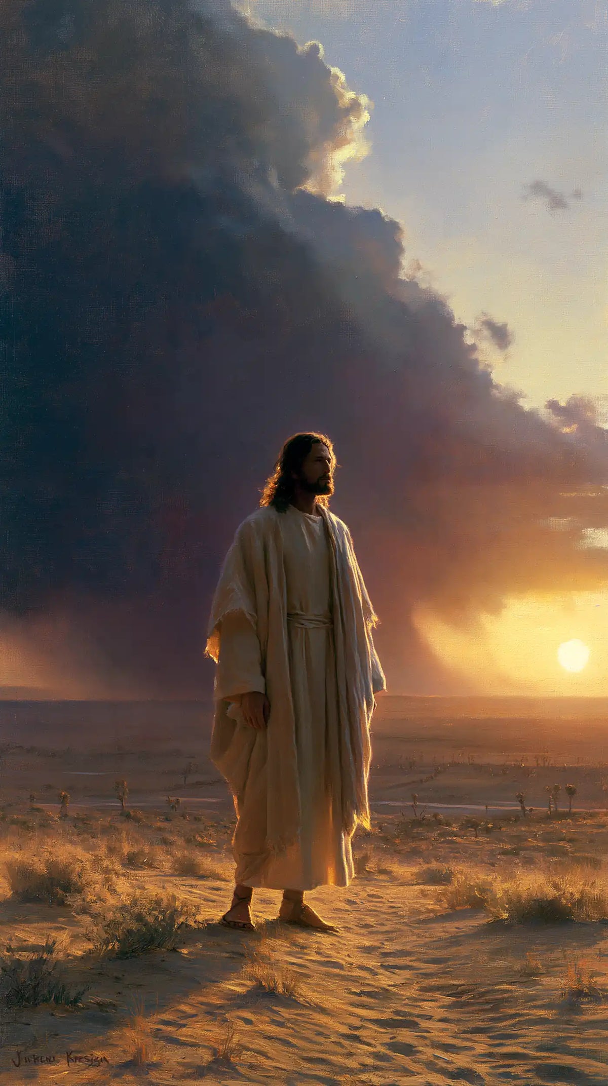 Jesus after his victory over temptation in the desert in Victory Over Temptation style, portrait Christian artwork no. 27