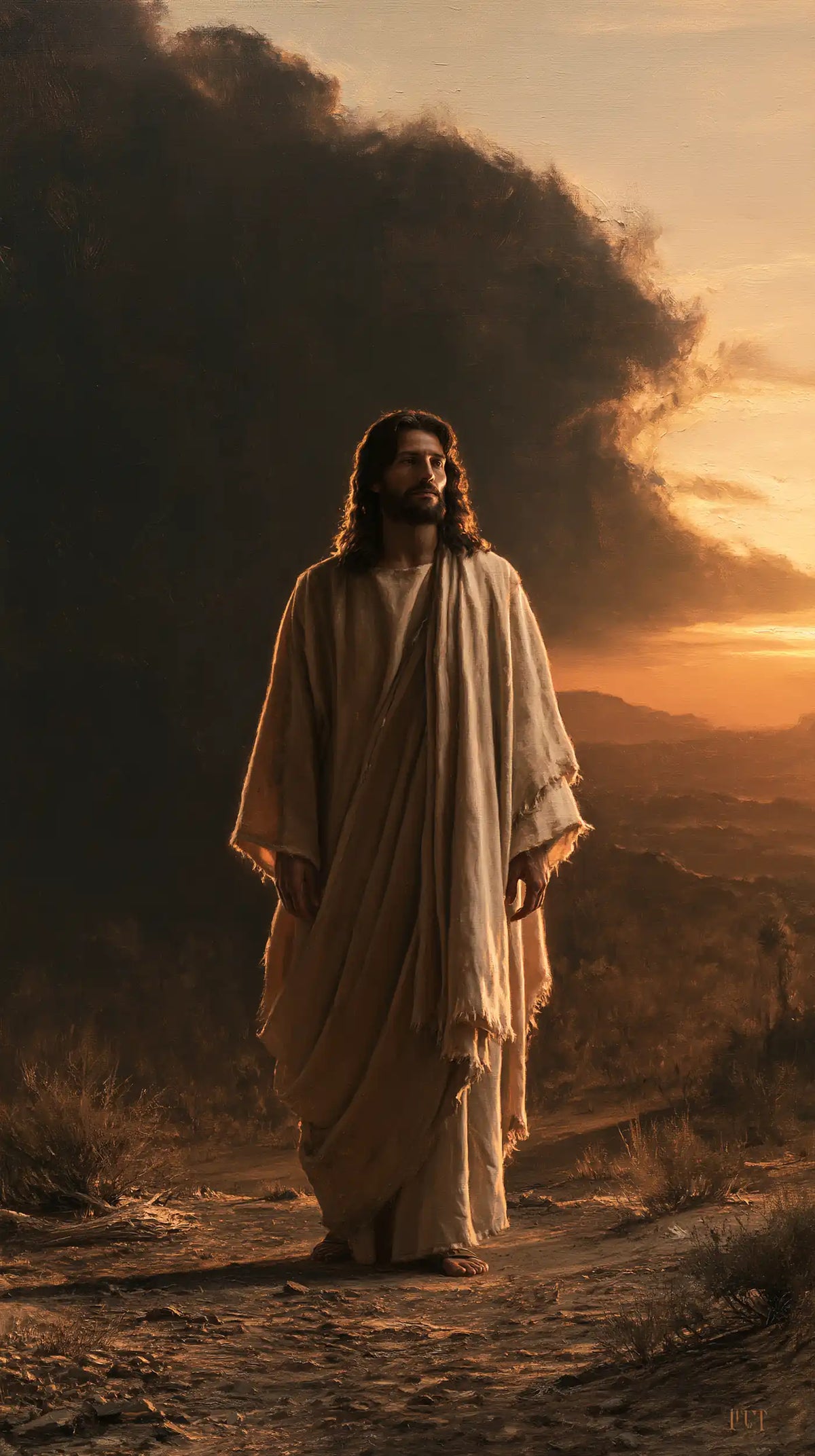 Jesus in the Desert — The Upward Gaze beside the Copper Evening