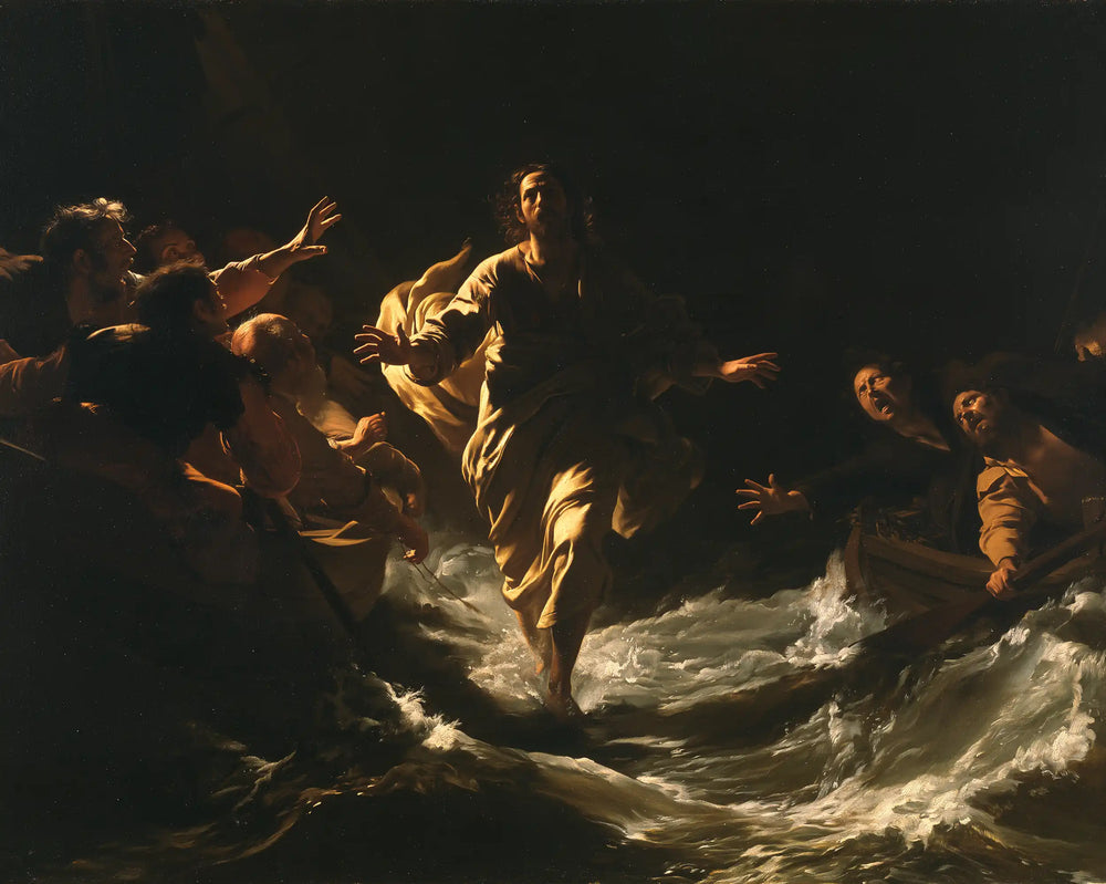 Jesus walking on water in Caravaggio Tenebrism style, landscape Christian artwork no. 1