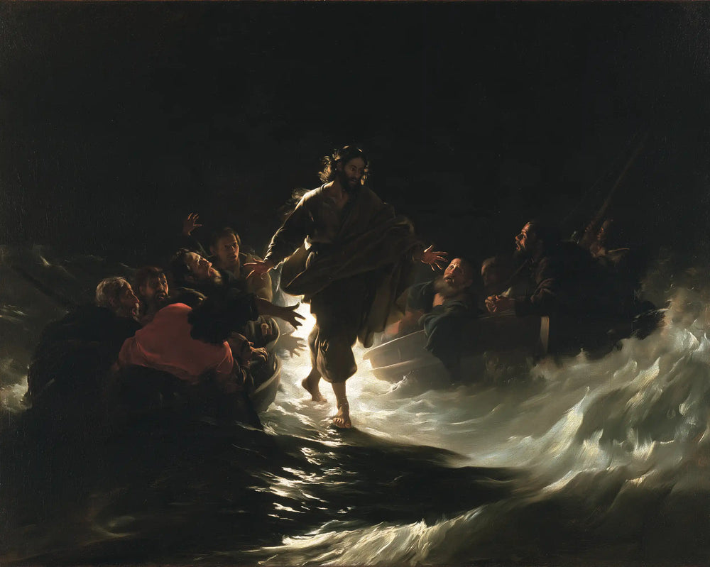 Jesus walking on water in Caravaggio Tenebrism style, landscape Christian artwork no. 4