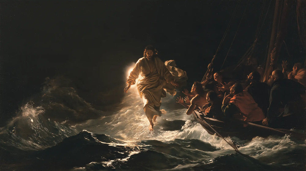 Jesus walking on water in Caravaggio Tenebrism style, landscape Christian artwork no. 15