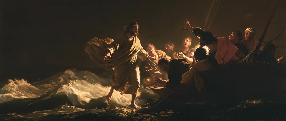 Jesus walking on water in Caravaggio Tenebrism style, landscape Christian artwork no. 18