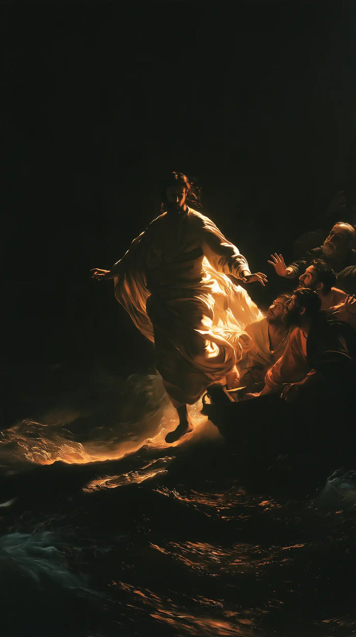 Jesus walking on water in Caravaggio Tenebrism style, portrait Christian artwork no. 1