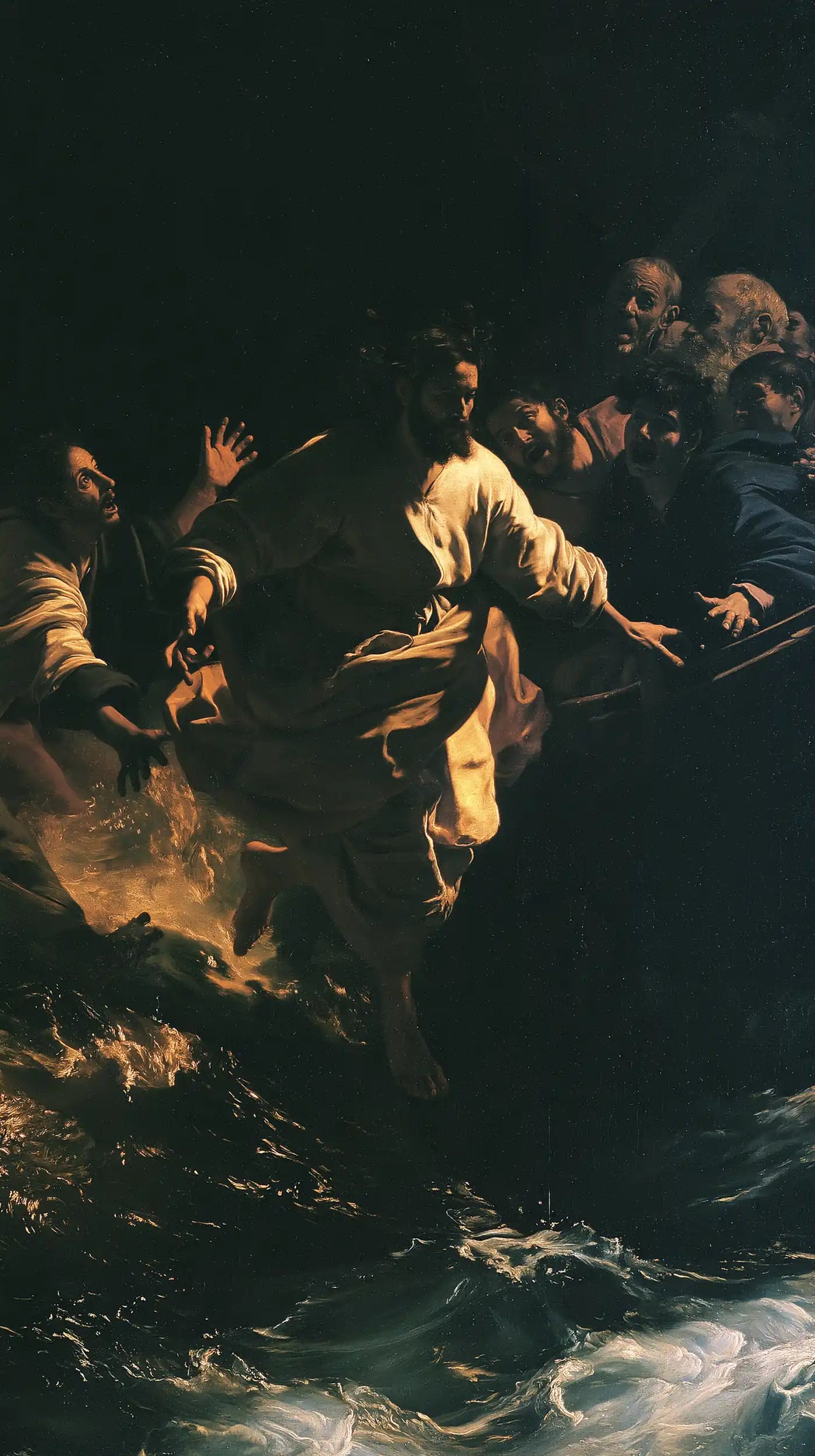 Jesus walking on water in Caravaggio Tenebrism style, portrait Christian artwork no. 2