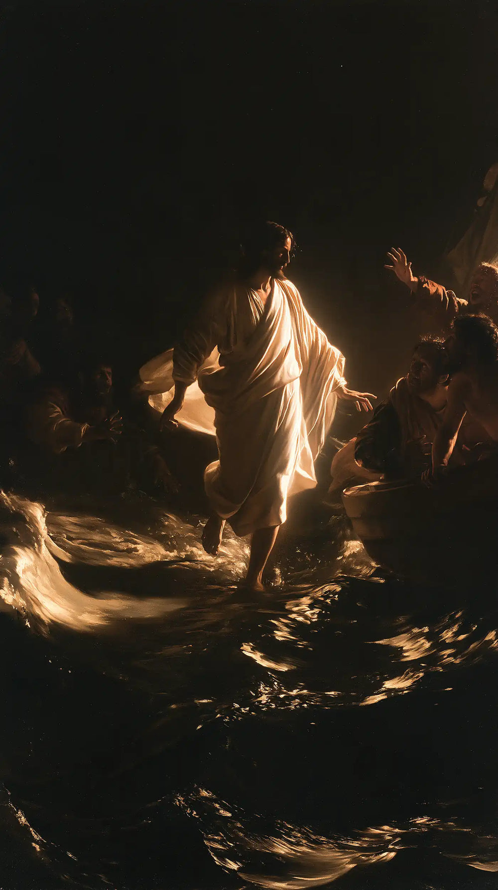 Jesus walking on water in Caravaggio Tenebrism style, portrait Christian artwork no. 6