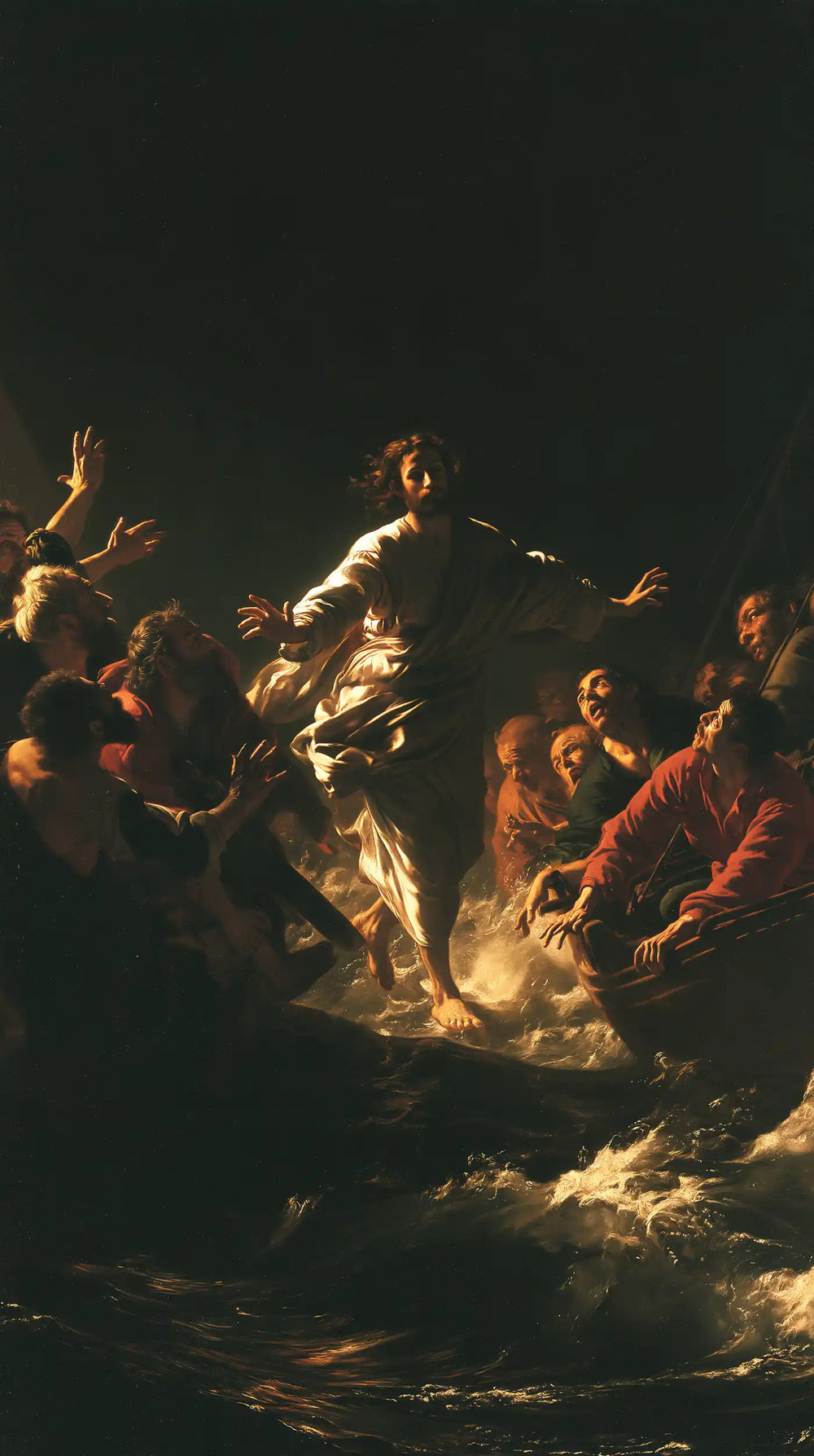 Jesus walking on water in Caravaggio Tenebrism style, portrait Christian artwork no. 15