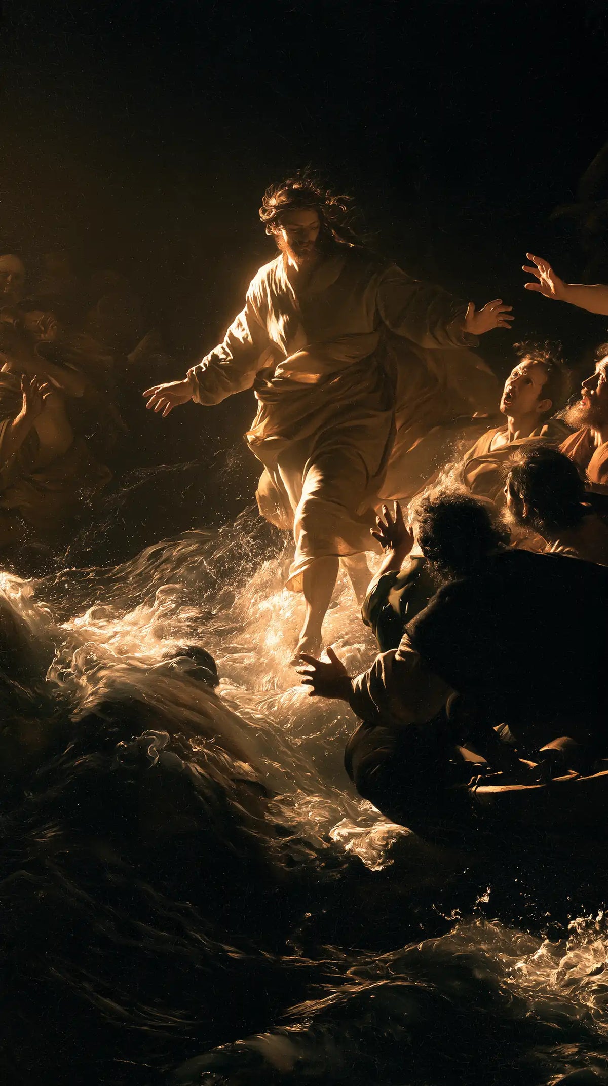 Jesus walking on water in Caravaggio Tenebrism style, portrait Christian artwork no. 24