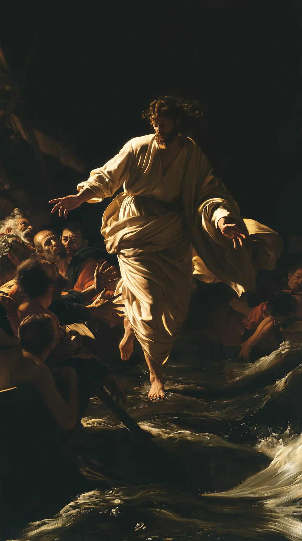Jesus walking on water in Caravaggio Tenebrism style, portrait Christian artwork no. 26