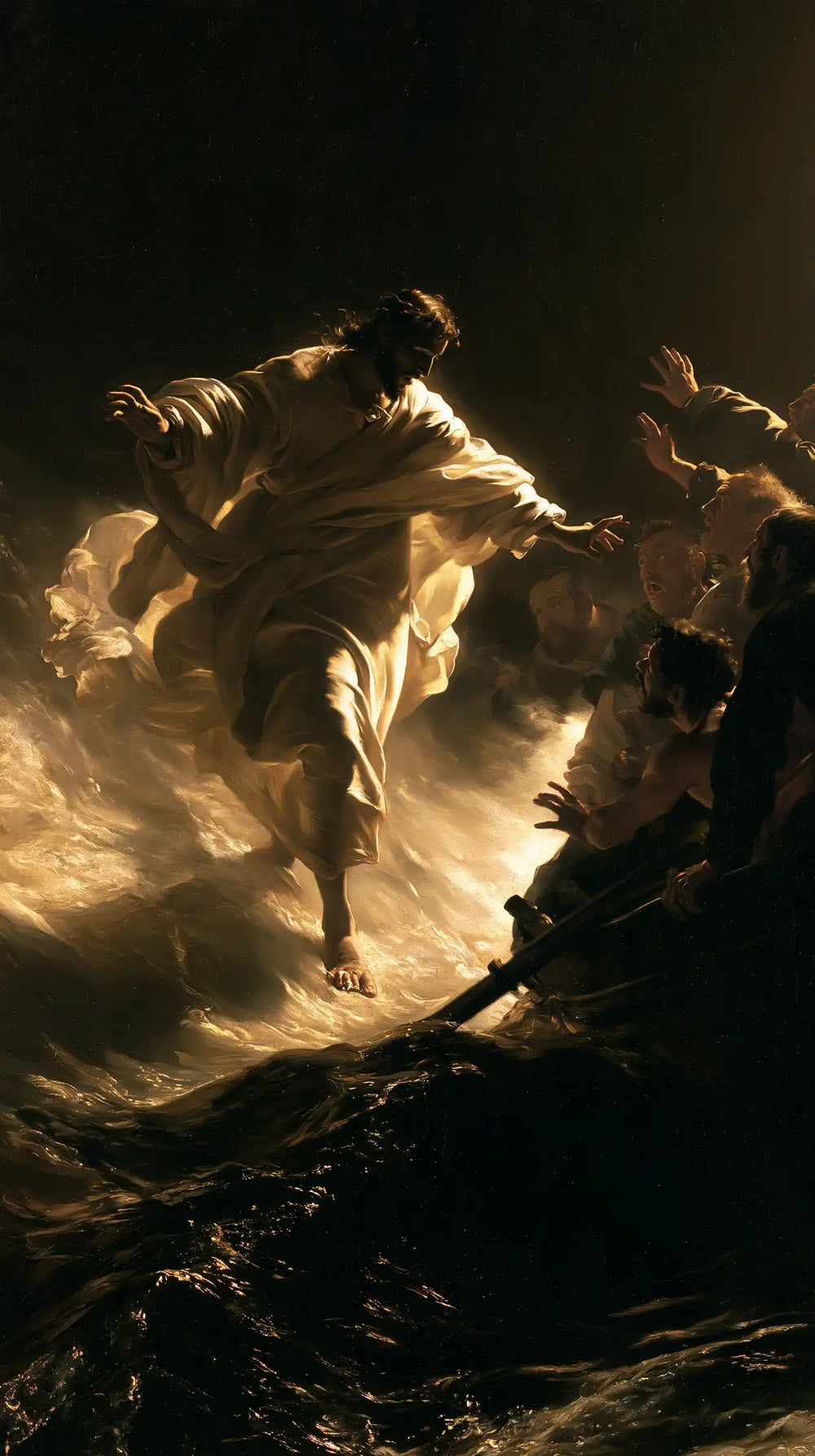 Jesus walking on water in Caravaggio Tenebrism style, portrait Christian artwork no. 28