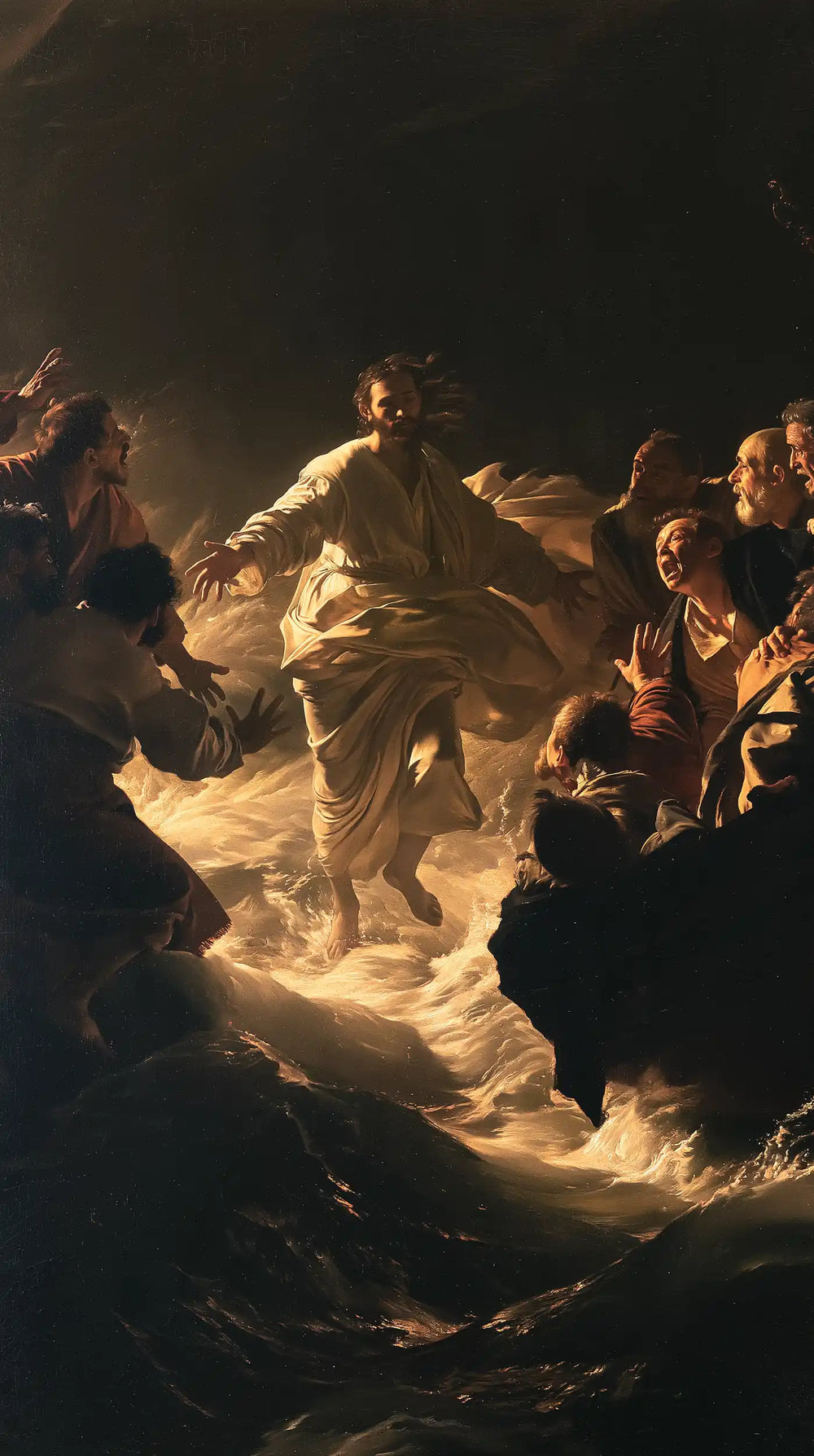 Jesus walking on water in Caravaggio Tenebrism style, portrait Christian artwork no. 30