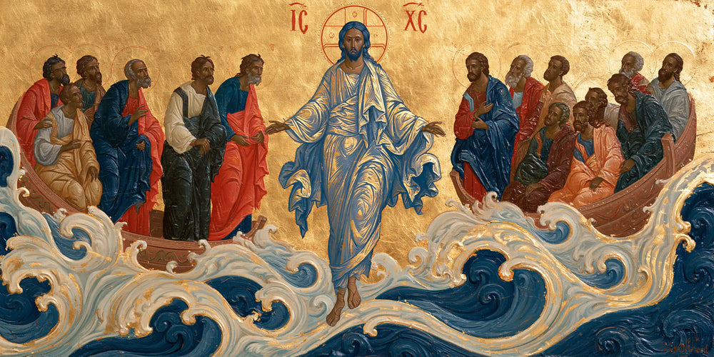 Jesus walking on water in Contemporary Byzantine style, landscape Christian artwork no. 13