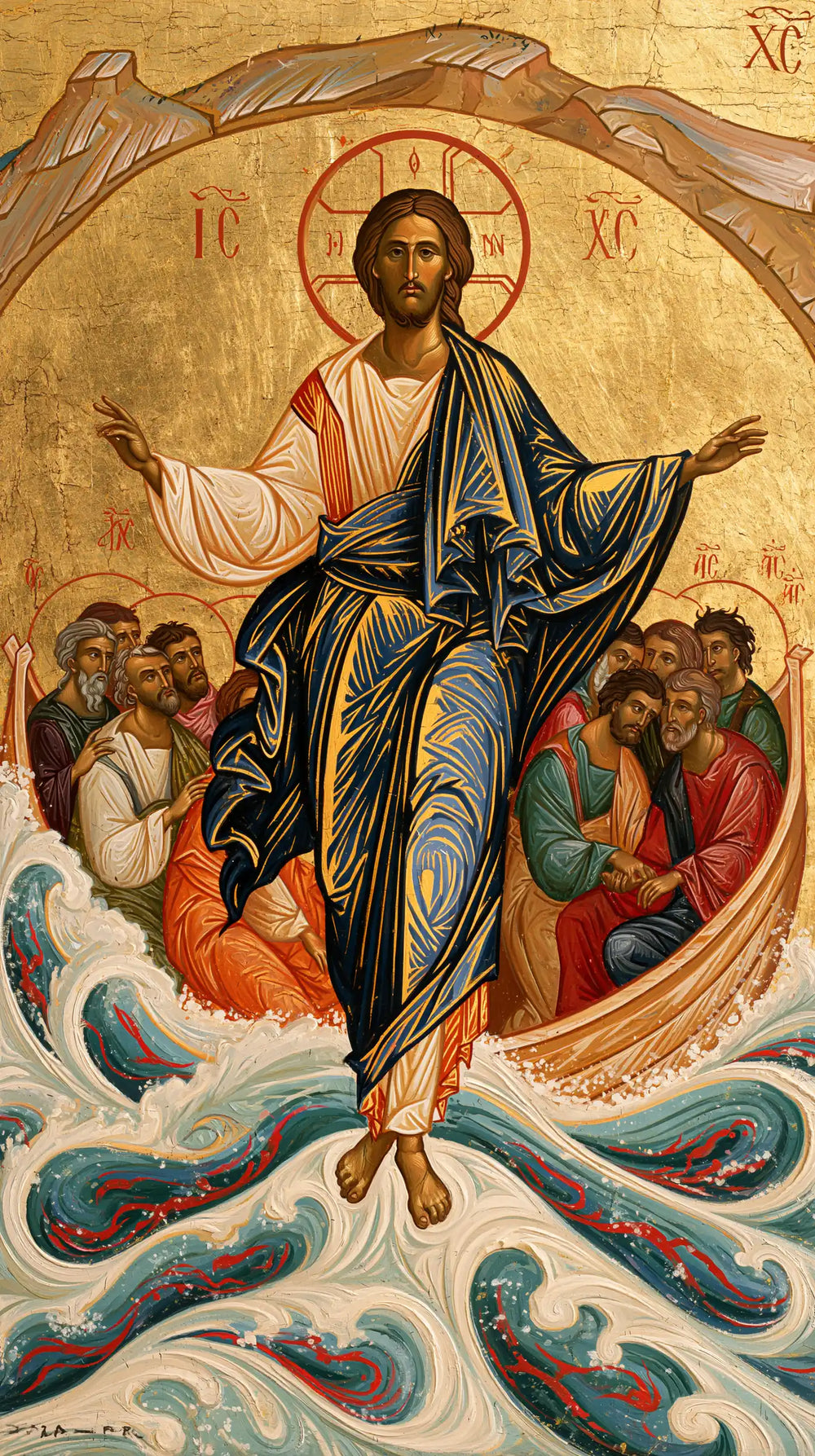 Jesus walking on water in Contemporary Byzantine style, portrait Christian artwork no. 11