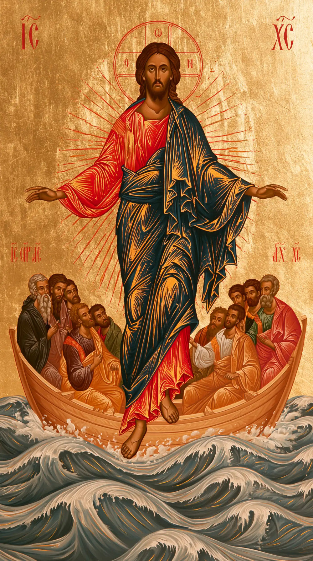 Jesus walking on water in Contemporary Byzantine style, portrait Christian artwork no. 15