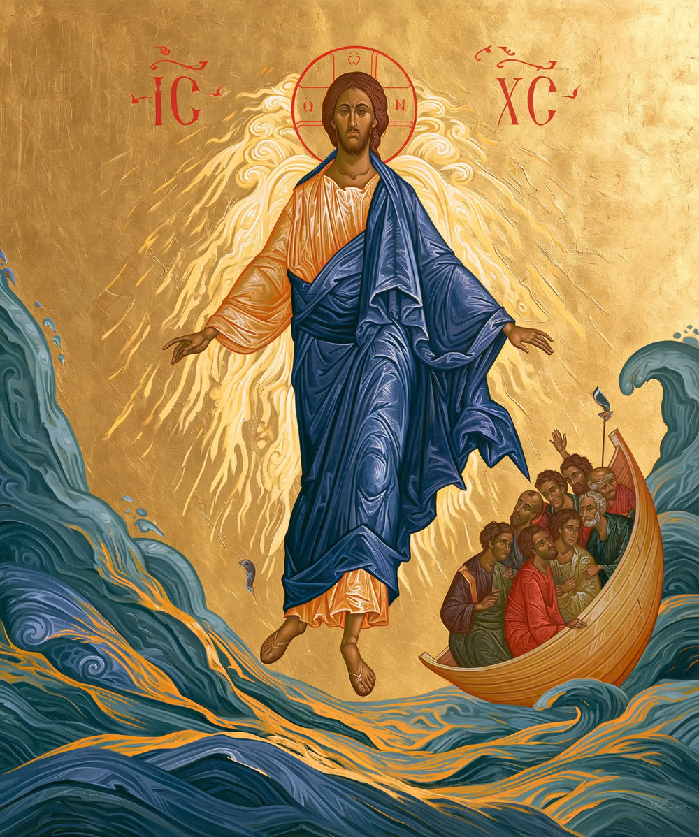 Jesus walking on water in Contemporary Byzantine style, portrait Christian artwork no. 28