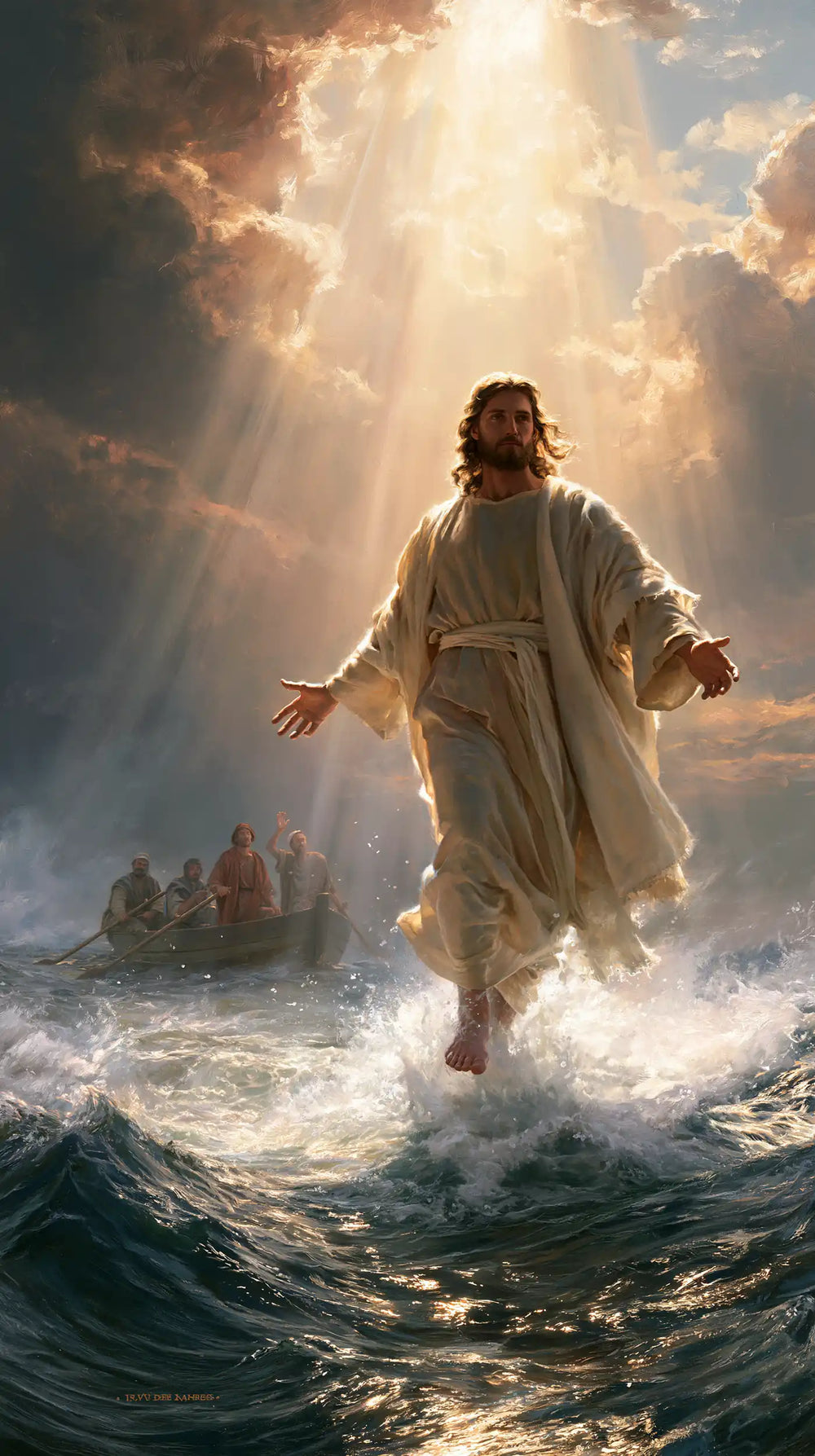Jesus walking on water in Divine Light style, portrait Christian artwork no. 2