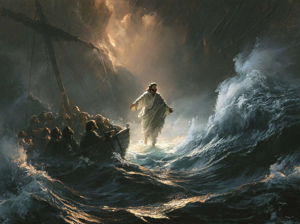 Jesus walking on water in Explosion of Movement style, landscape Christian artwork no. 5