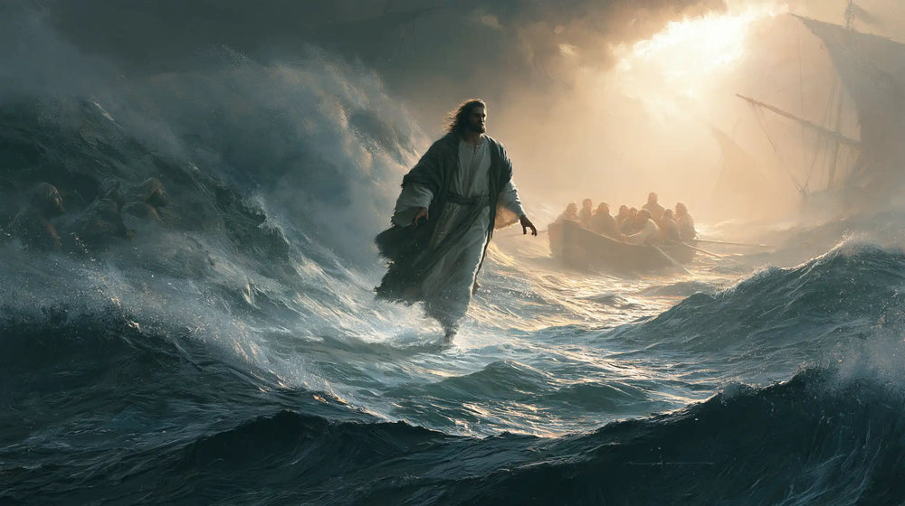 Jesus walking on water in Explosion of Movement style, landscape Christian artwork no. 12