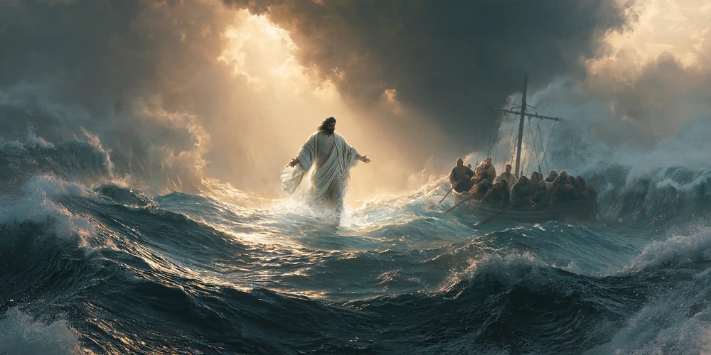 Jesus walking on water in Explosion of Movement style, landscape Christian artwork no. 16