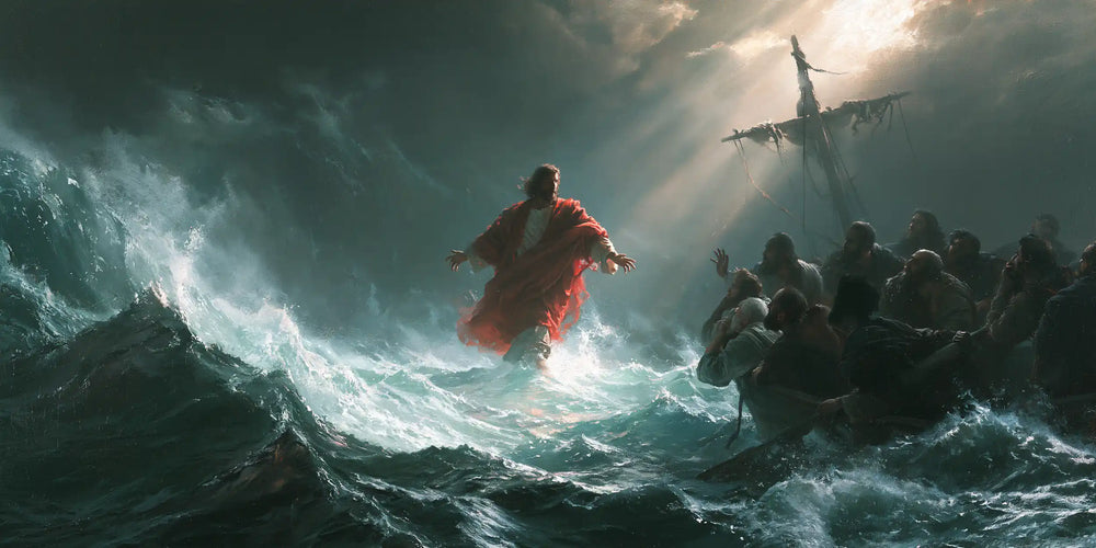 Jesus walking on water in Explosion of Movement style, landscape Christian artwork no. 19