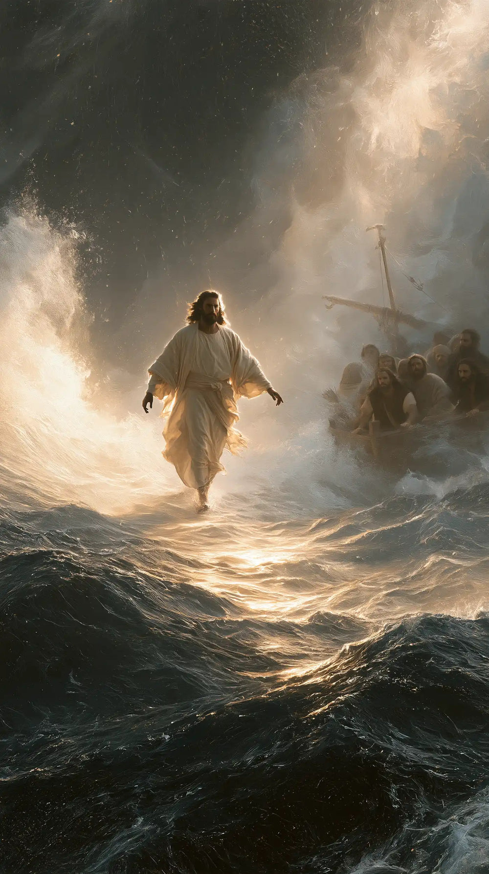 Jesus walking on water in Explosion of Movement style, portrait Christian artwork no. 5