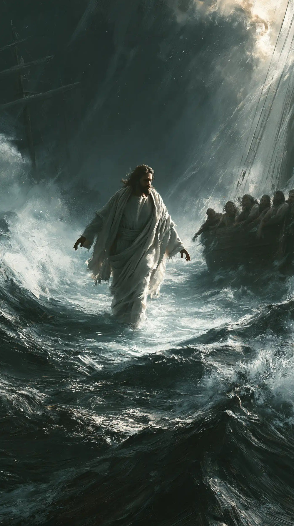 Jesus walking on water in Explosion of Movement style, portrait Christian artwork no. 18