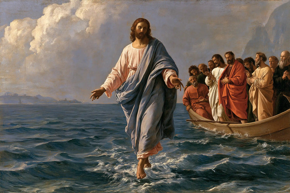 Jesus walking on water in Florentine Renaissance style, landscape Christian artwork no. 15