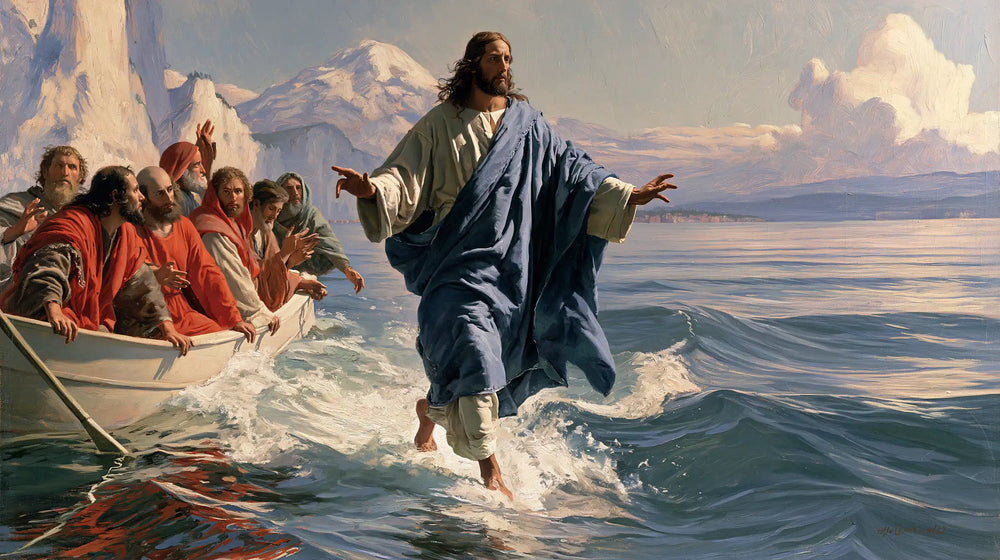 Jesus walking on water in Florentine Renaissance style, landscape Christian artwork no. 19