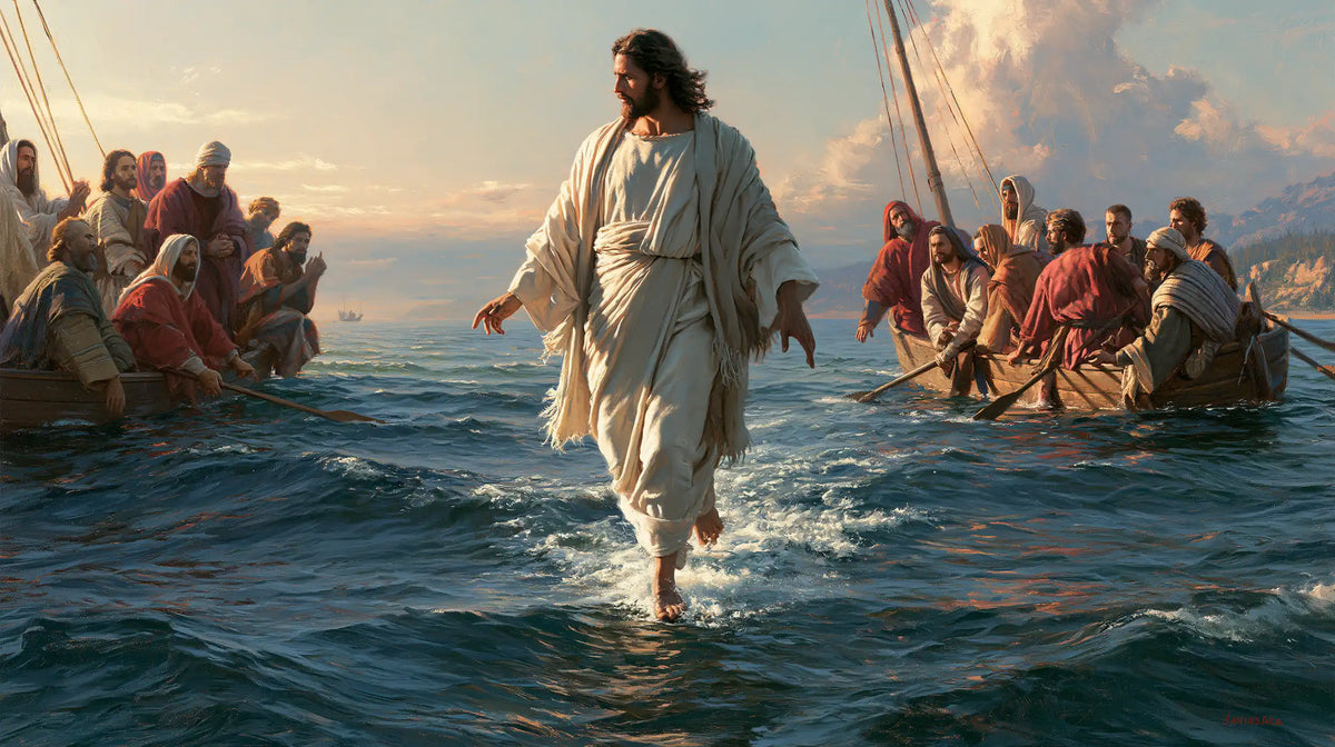 Jesus walking on water in Florentine Renaissance style, landscape Christian artwork no. 21
