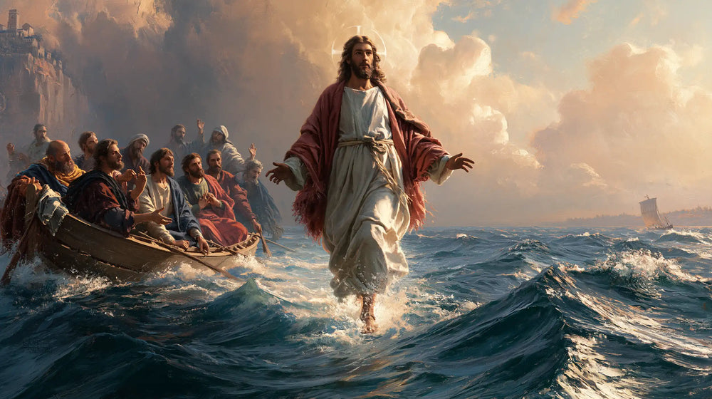 Jesus walking on water in Florentine Renaissance style, landscape Christian artwork no. 23