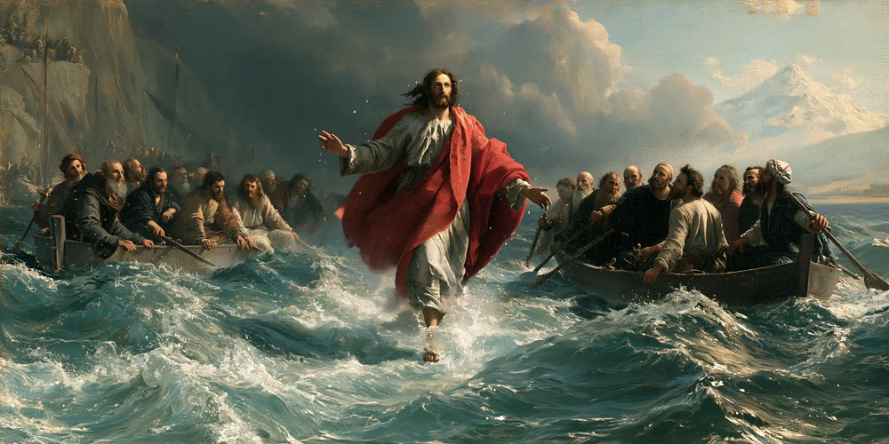Jesus walking on water in Florentine Renaissance style, landscape Christian artwork no. 28
