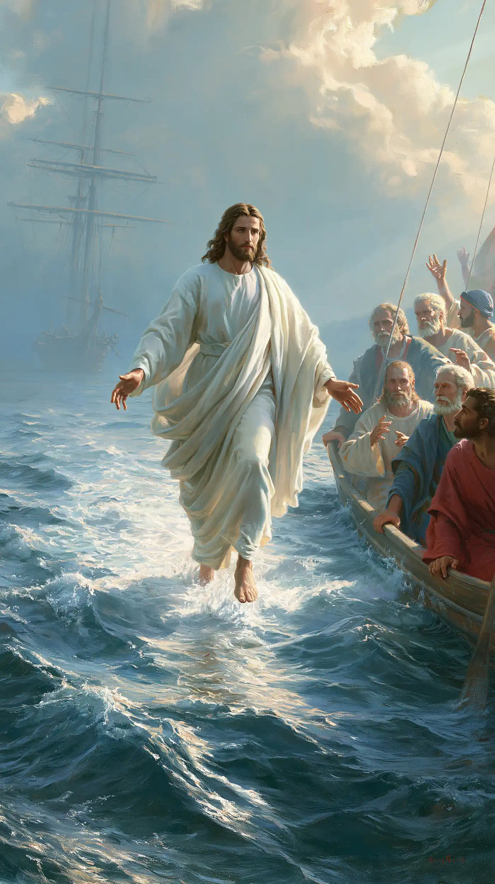 Jesus walking on water in Florentine Renaissance style, portrait Christian artwork no. 10