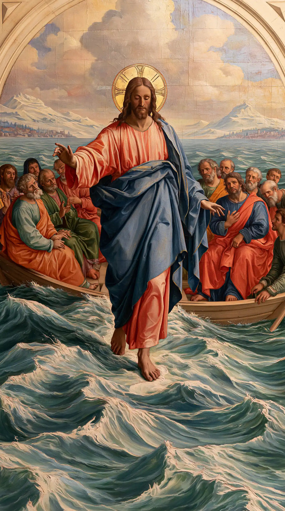 Jesus walking on water in Florentine Renaissance style, portrait Christian artwork no. 16