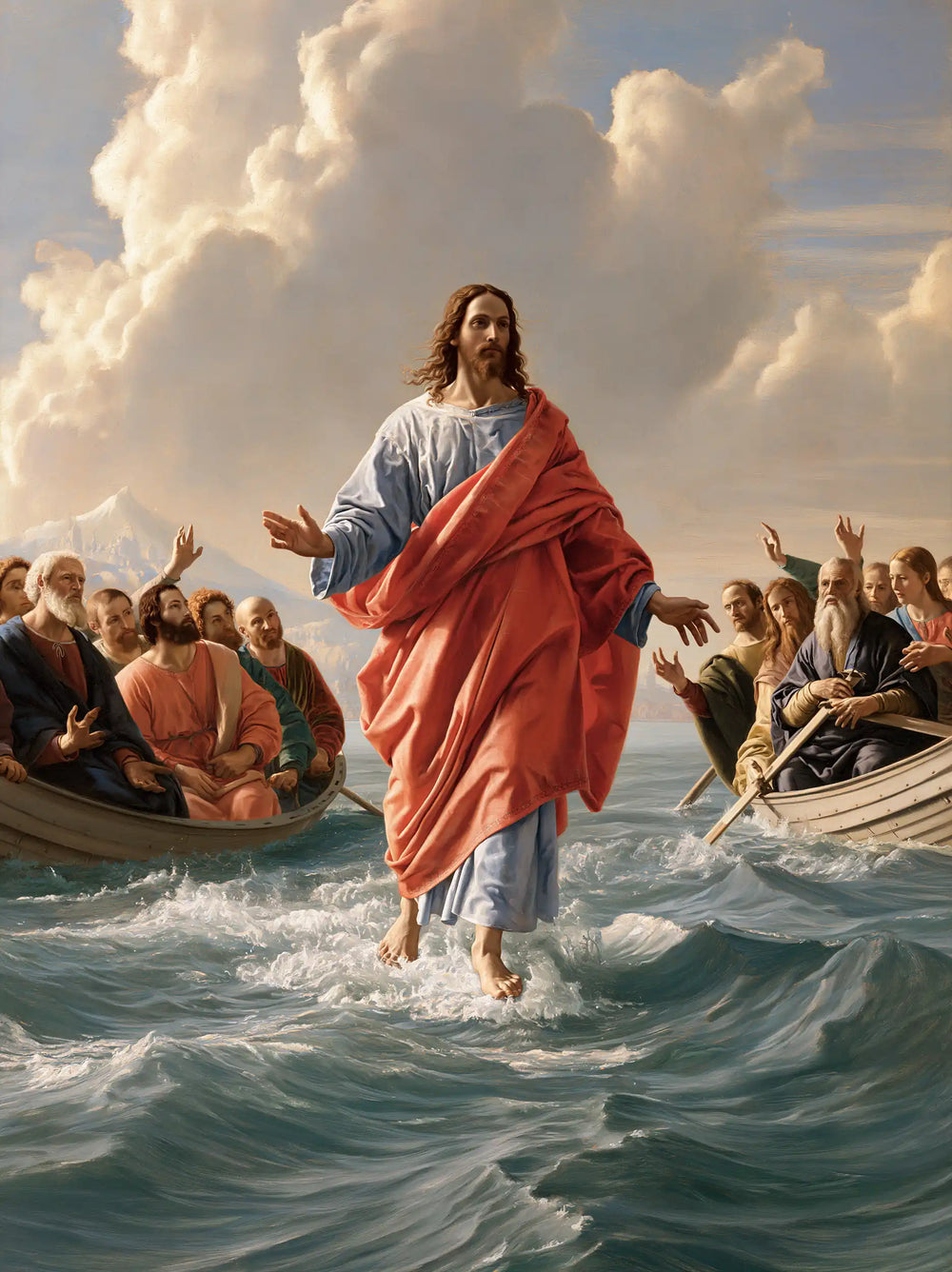 Jesus walking on water in Florentine Renaissance style, portrait Christian artwork no. 31