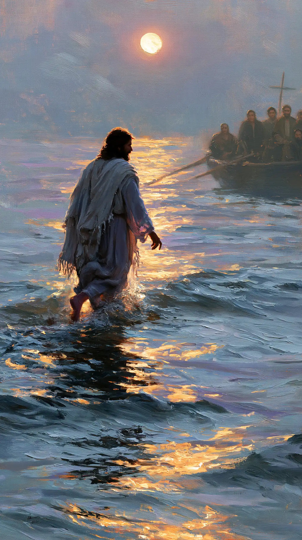 Jesus walking on water in Impressionist style, portrait Christian artwork no. 22